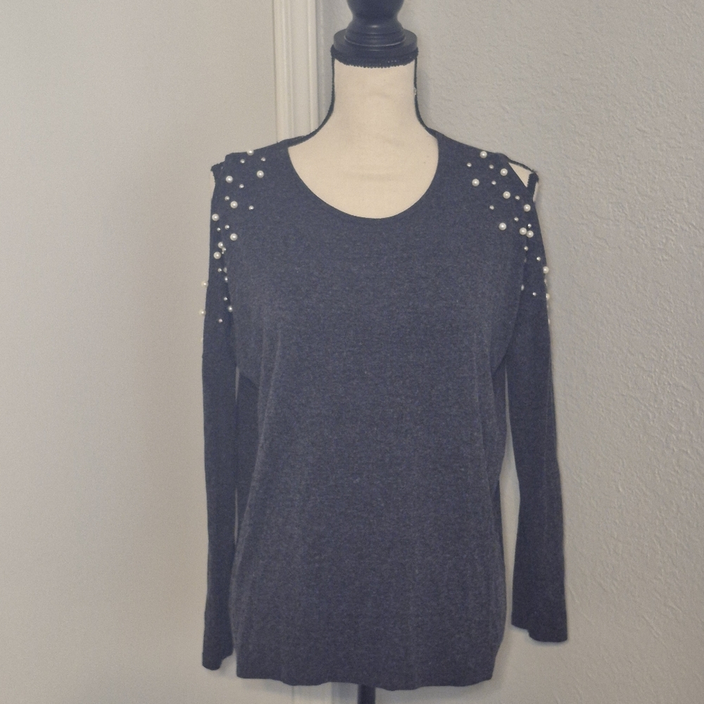 Gray Long Sleeve Top with Pearl Accents